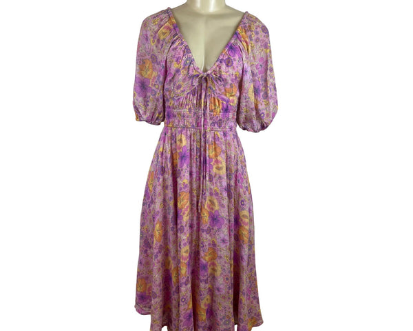 Spell Women’s Floral Boho Midi Dress Pink Yellow Purple Puff Sleeves Sz XS
