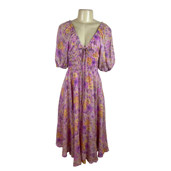 Spell Women’s Floral Boho Midi Dress Pink Yellow Purple Puff Sleeves Sz XS