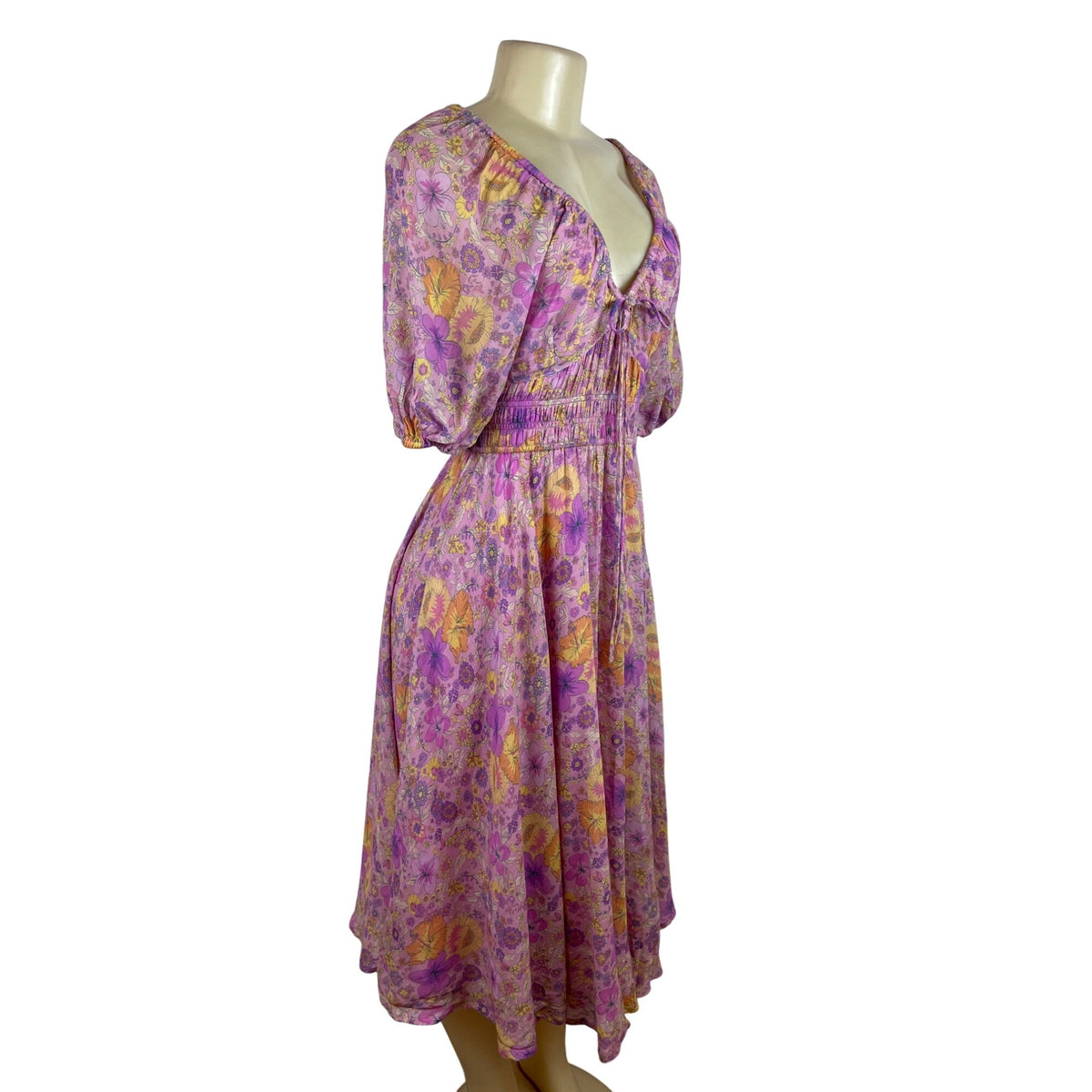 Spell Women’s Floral Boho Midi Dress Pink Yellow Purple Puff Sleeves Sz XS