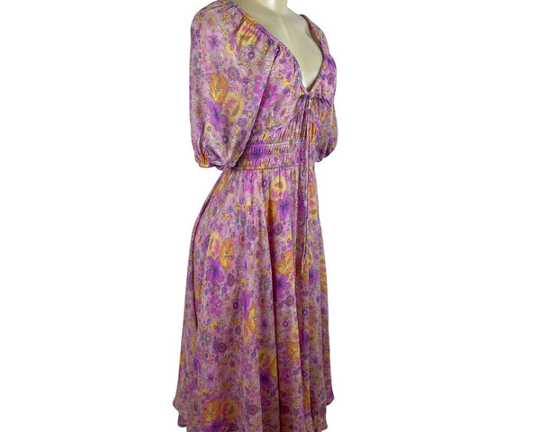 Spell Women’s Floral Boho Midi Dress Pink Yellow Purple Puff Sleeves Sz XS