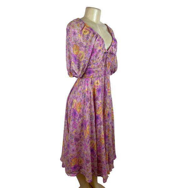 Spell Women’s Floral Boho Midi Dress Pink Yellow Purple Puff Sleeves Sz XS