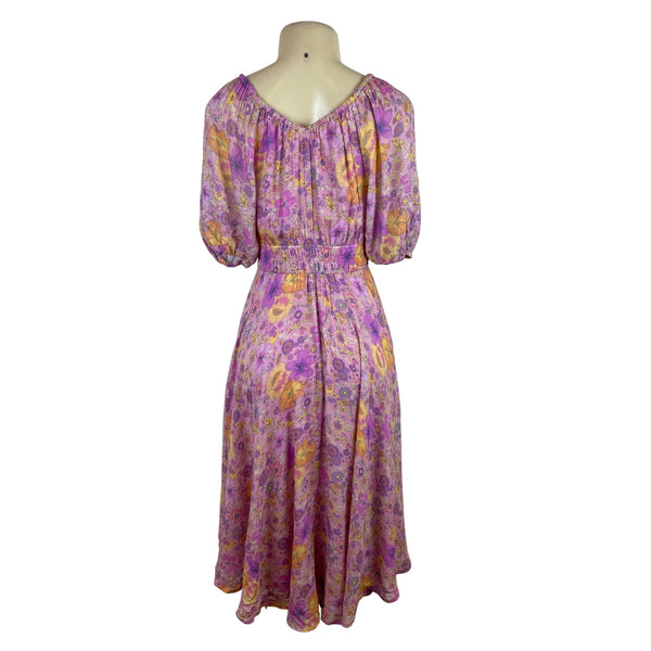 Spell Women’s Floral Boho Midi Dress Pink Yellow Purple Puff Sleeves Sz XS