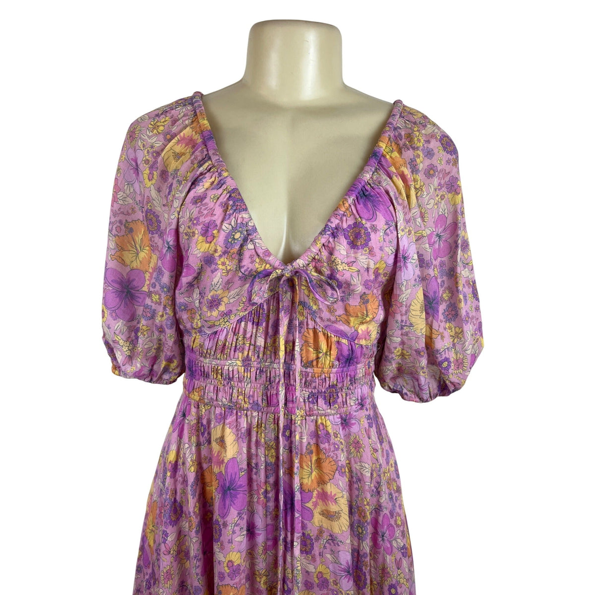 Spell Women’s Floral Boho Midi Dress Pink Yellow Purple Puff Sleeves Sz XS