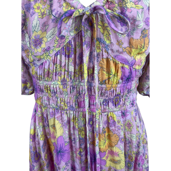 Spell Women’s Floral Boho Midi Dress Pink Yellow Purple Puff Sleeves Sz XS