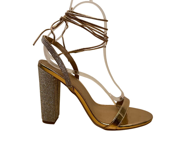 Asos Shoes Women’s Gold Metallic Rhinestone With Wrap Around Lace Up Heels Size 8