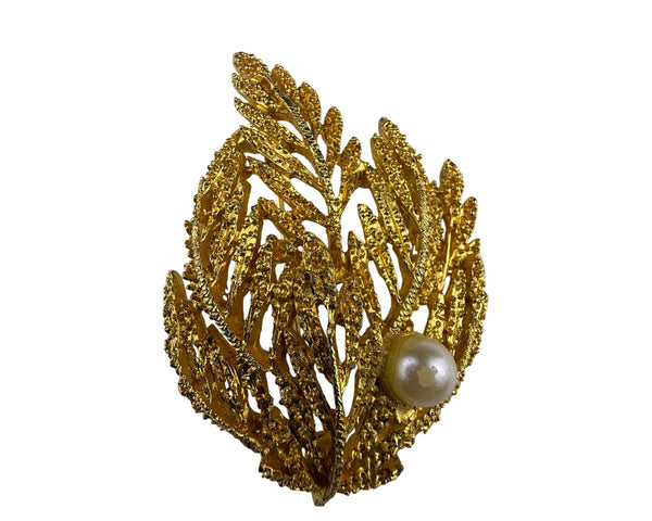 Vintage Gold Tone Leaf Brooch Faux Pearl Accent Elegant Openwork Pin 2 Inches