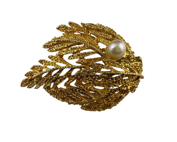 Vintage Gold Tone Leaf Brooch Faux Pearl Accent Elegant Openwork Pin 2 Inches