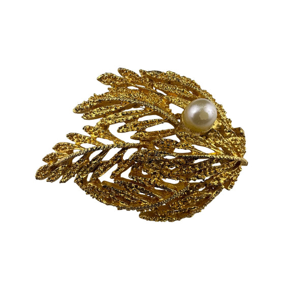 Vintage Gold Tone Leaf Brooch Faux Pearl Accent Elegant Openwork Pin 2 Inches