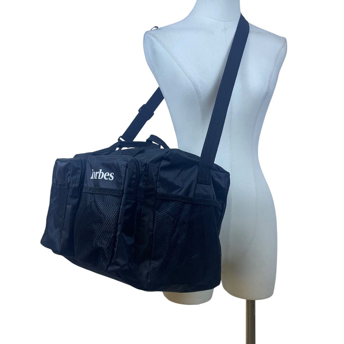 Forbes Black Nylon Mesh Pocket Zip Closure Travel Adjustable Strap Duffel Bag