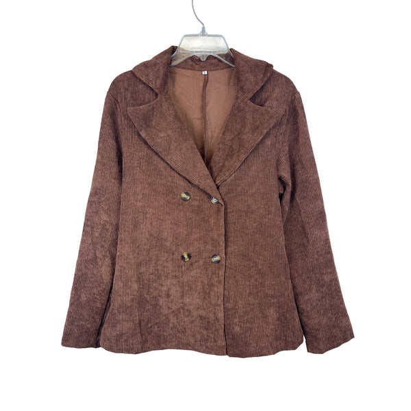 Corduroy Womens Brown Double-Breasted Jacket Large Button-Front Soft Fabric Textured Blazer