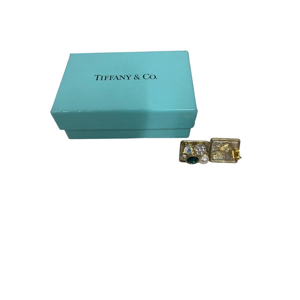 Tiffany & Co. Womens Gold-Tone Square Earrings Crystal Pearl Accents With Box