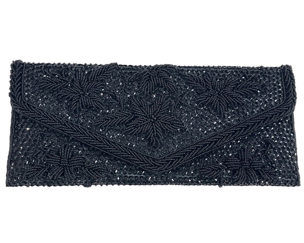Handmade Women’s Black Beaded Flower Pattern Evening Clutch Bag Sz S