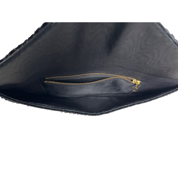 Handmade Women’s Black Beaded Flower Pattern Evening Clutch Bag Sz S