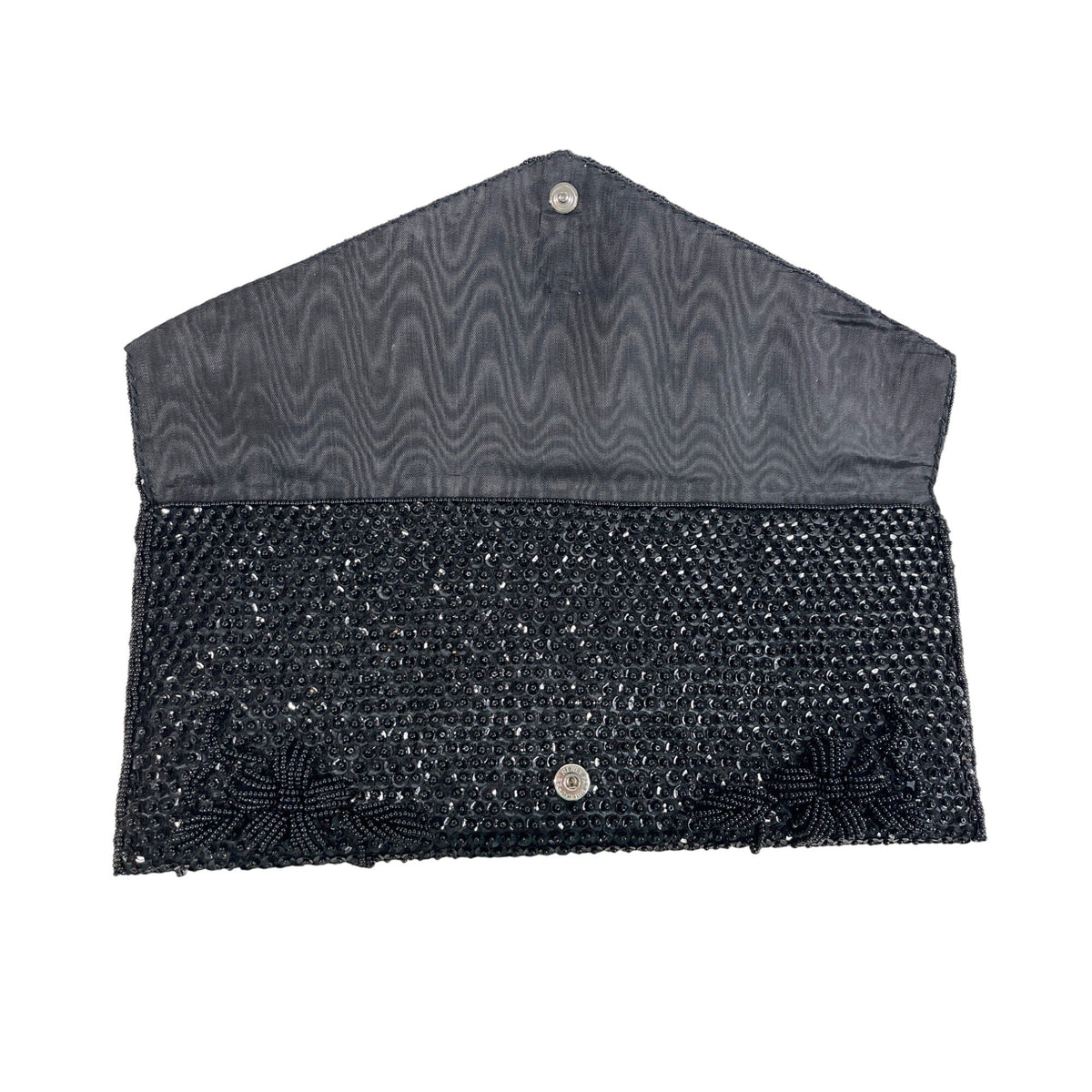 Handmade Women’s Black Beaded Flower Pattern Evening Clutch Bag Sz S