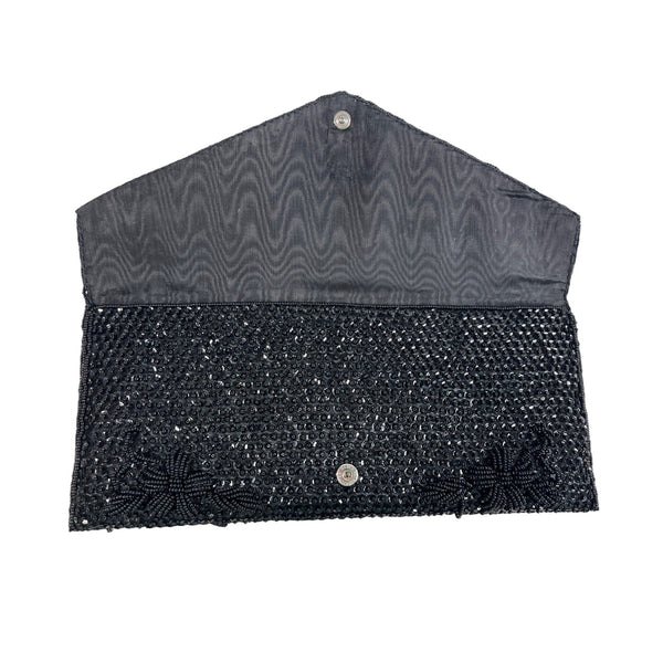 Handmade Women’s Black Beaded Flower Pattern Evening Clutch Bag Sz S