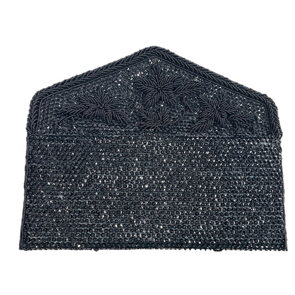 Handmade Women’s Black Beaded Flower Pattern Evening Clutch Bag Sz S