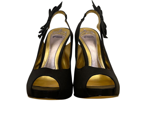 Hale Bob Womens Black Satin Bow Detail Slingback Peep-Toe Heels Size 8.5M