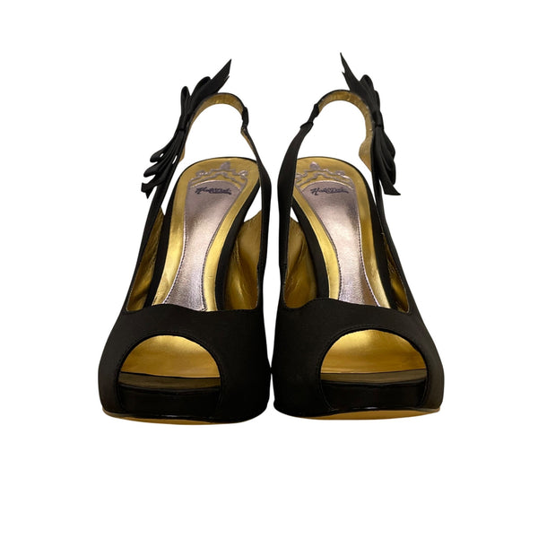 Hale Bob Womens Black Satin Bow Detail Slingback Peep-Toe Heels Size 8.5M