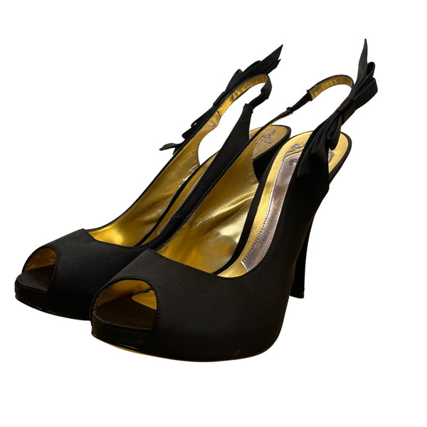 Hale Bob Womens Black Satin Bow Detail Slingback Peep-Toe Heels Size 8.5M