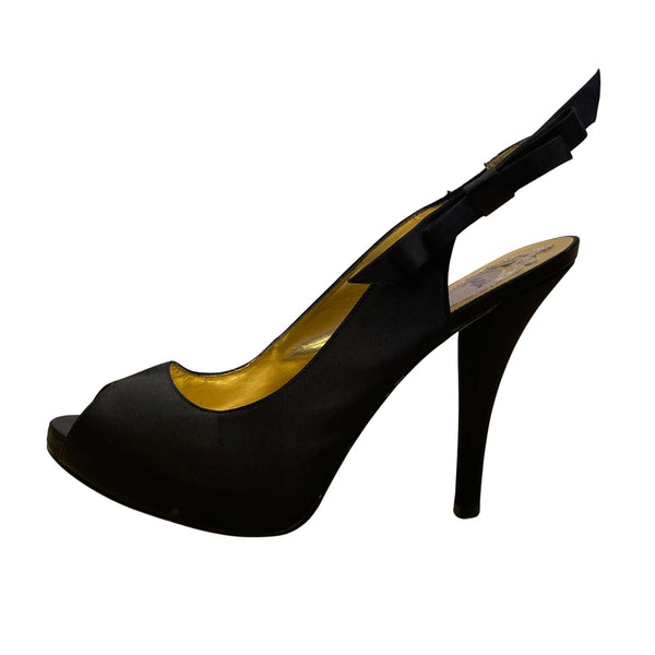 Hale Bob Womens Black Satin Bow Detail Slingback Peep-Toe Heels Size 8.5M