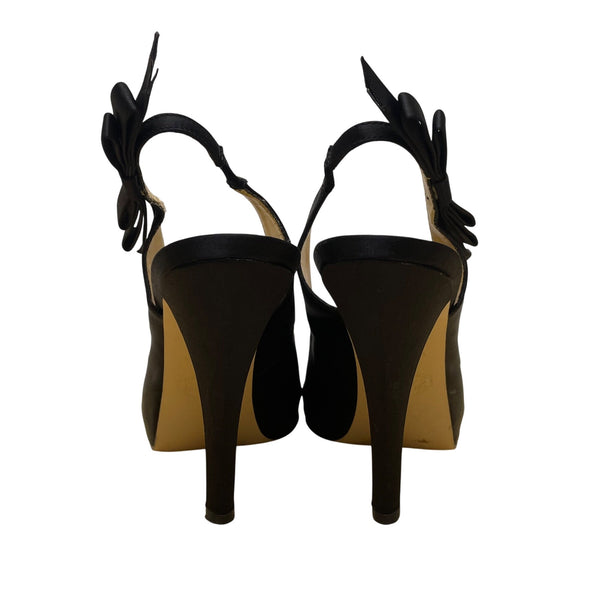 Hale Bob Womens Black Satin Bow Detail Slingback Peep-Toe Heels Size 8.5M