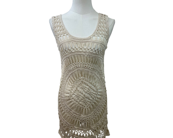 Solitaire Women's Beige Crochet Sleeveless Swim Cover Up Dress Swim Sz M - New