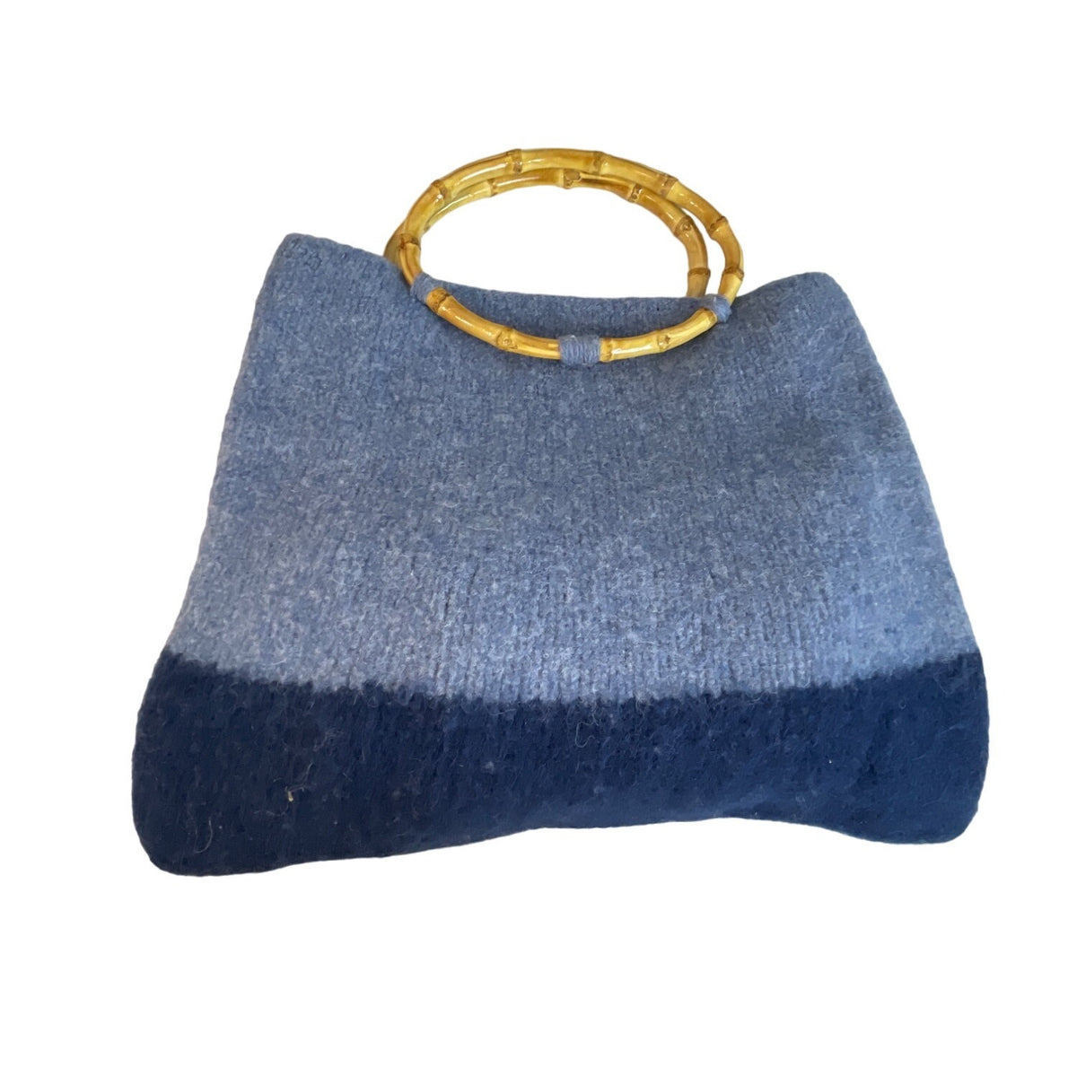 Handcrafted Women's Blue Wool Bamboo Handle Satchel Bag Sz M