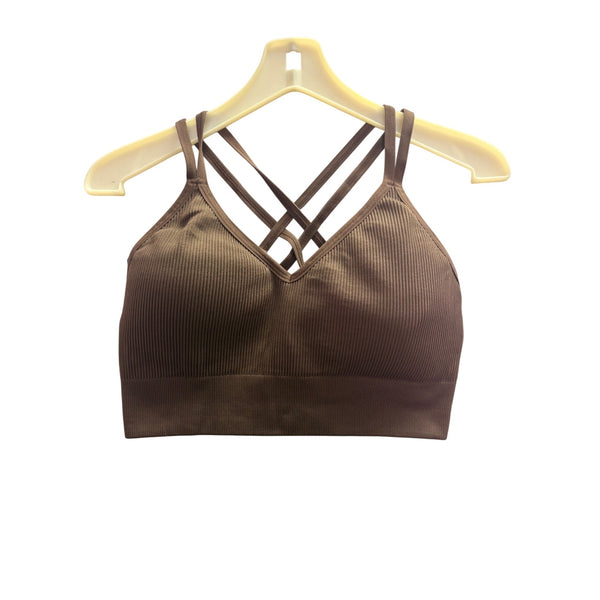 Aerie Womens Brown Ribbed Crisscross Back Sports Bra XXL Lightweight Stretchy Comfort