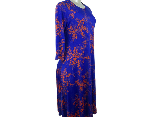 Go Couture Womens Blue/Orange Floral Print Midi Dress Stretch Sz M