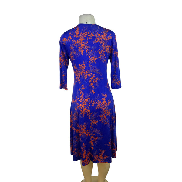 Go Couture Womens Blue/Orange Floral Print Midi Dress Stretch Sz M
