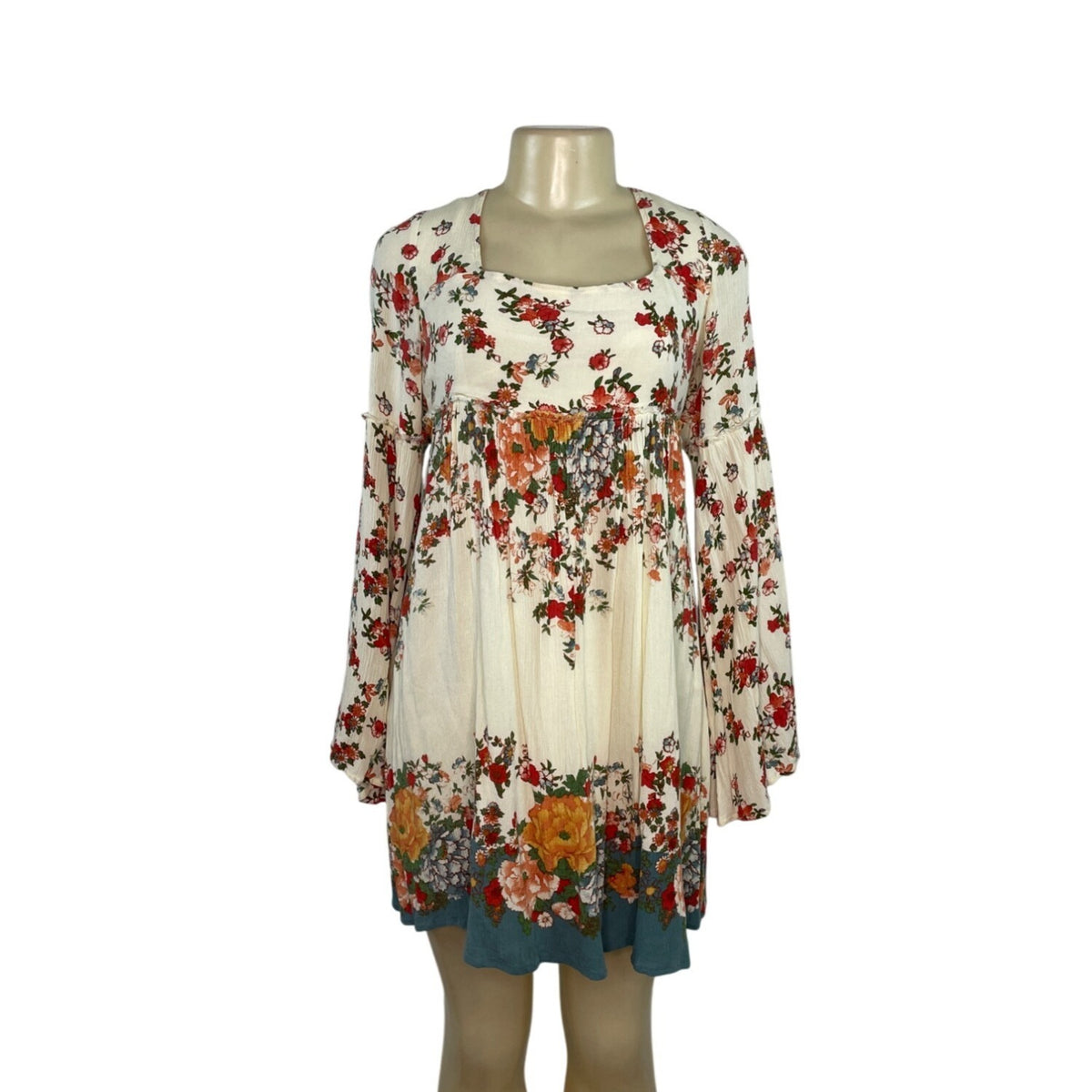 Free People Floral Long-Sleeve Boho Mini Dress With Tie Back Detail Size S