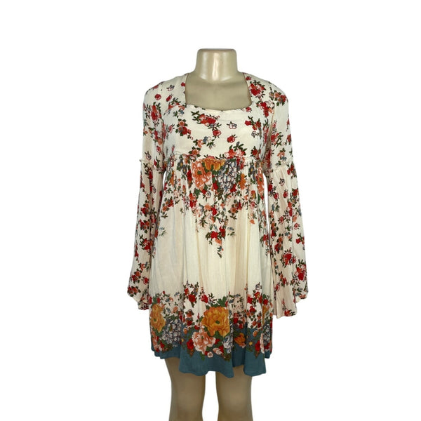 Free People Floral Long-Sleeve Boho Mini Dress With Tie Back Detail Size S