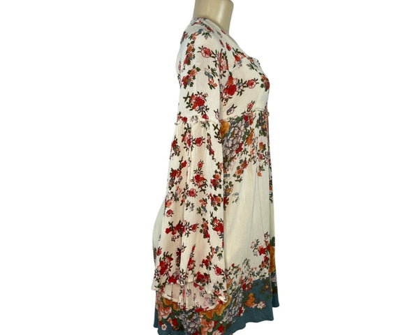 Free People Floral Long-Sleeve Boho Mini Dress With Tie Back Detail Size S
