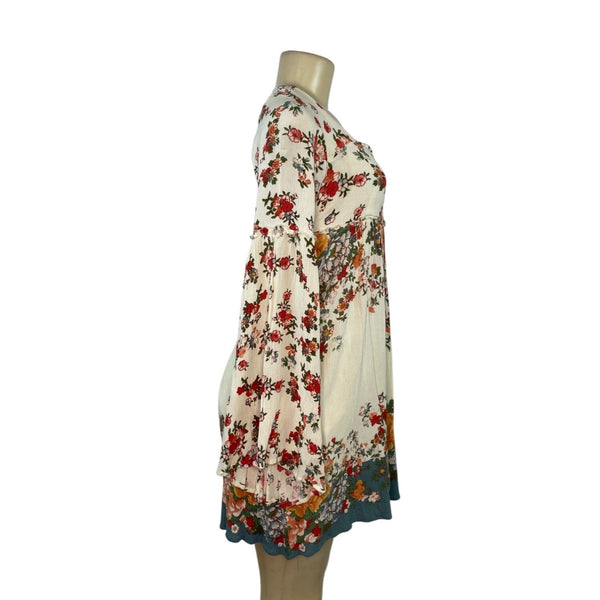 Free People Floral Long-Sleeve Boho Mini Dress With Tie Back Detail Size S