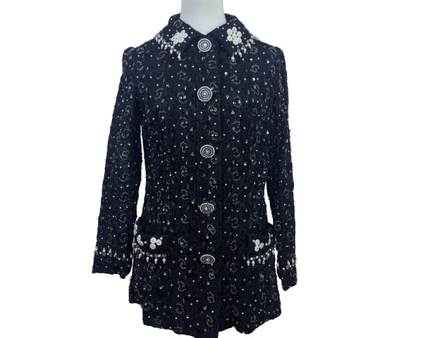 East Orient Womens Black Sequin & Pearl Embellished Jacket Size 8 Lightweight