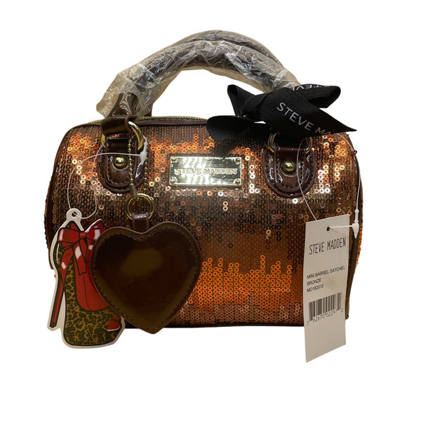 Steve Madden Women’s Bronze Sequins With Heart Charm Mini Barrel Satchel Bag