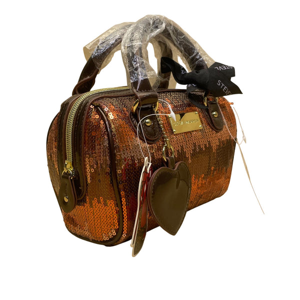 Steve Madden Women’s Bronze Sequins With Heart Charm Mini Barrel Satchel Bag