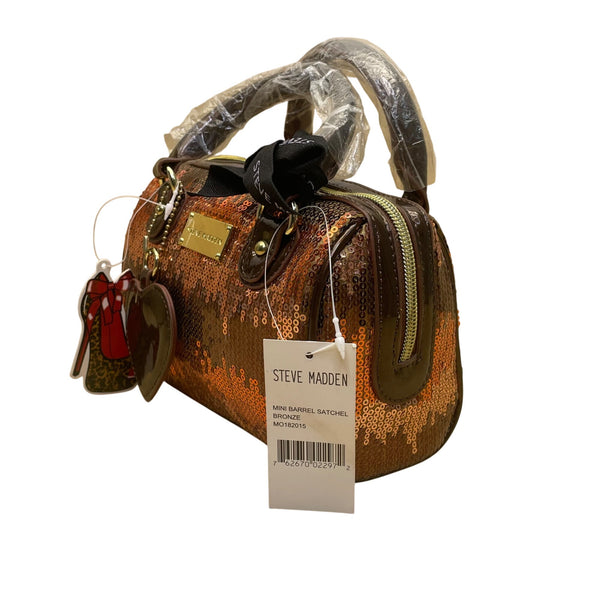 Steve Madden Women’s Bronze Sequins With Heart Charm Mini Barrel Satchel Bag
