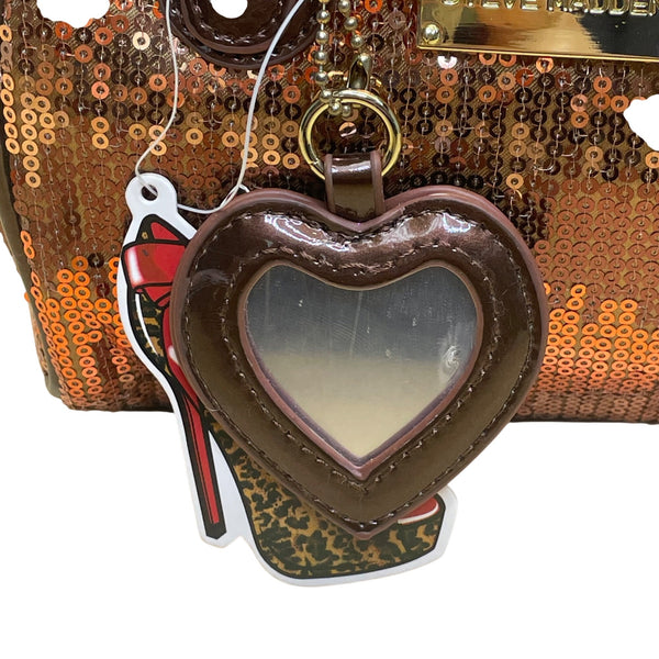 Steve Madden Women’s Bronze Sequins With Heart Charm Mini Barrel Satchel Bag