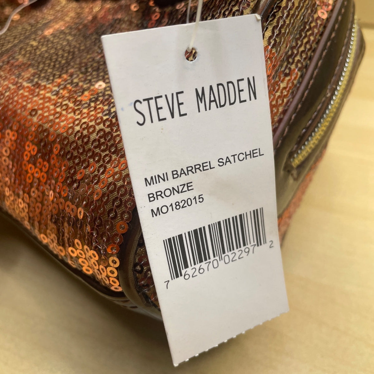 Steve Madden Women’s Bronze Sequins With Heart Charm Mini Barrel Satchel Bag