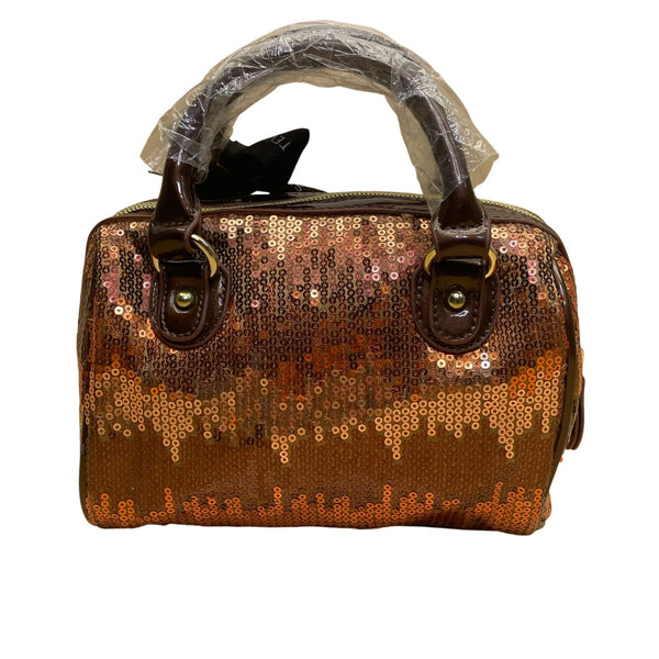 Steve Madden Women’s Bronze Sequins With Heart Charm Mini Barrel Satchel Bag