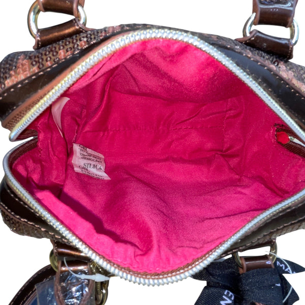 Steve Madden Women’s Bronze Sequins With Heart Charm Mini Barrel Satchel Bag