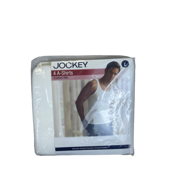 Jockey Mens White Cotton Rib 4 A-Shirts Pack Size Large 42-44 Sleeveless Undershirts