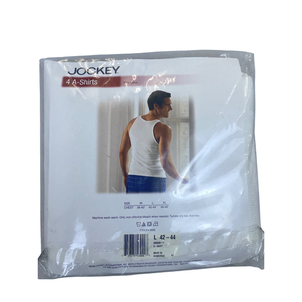 Jockey Mens White Cotton Rib 4 A-Shirts Pack Size Large 42-44 Sleeveless Undershirts