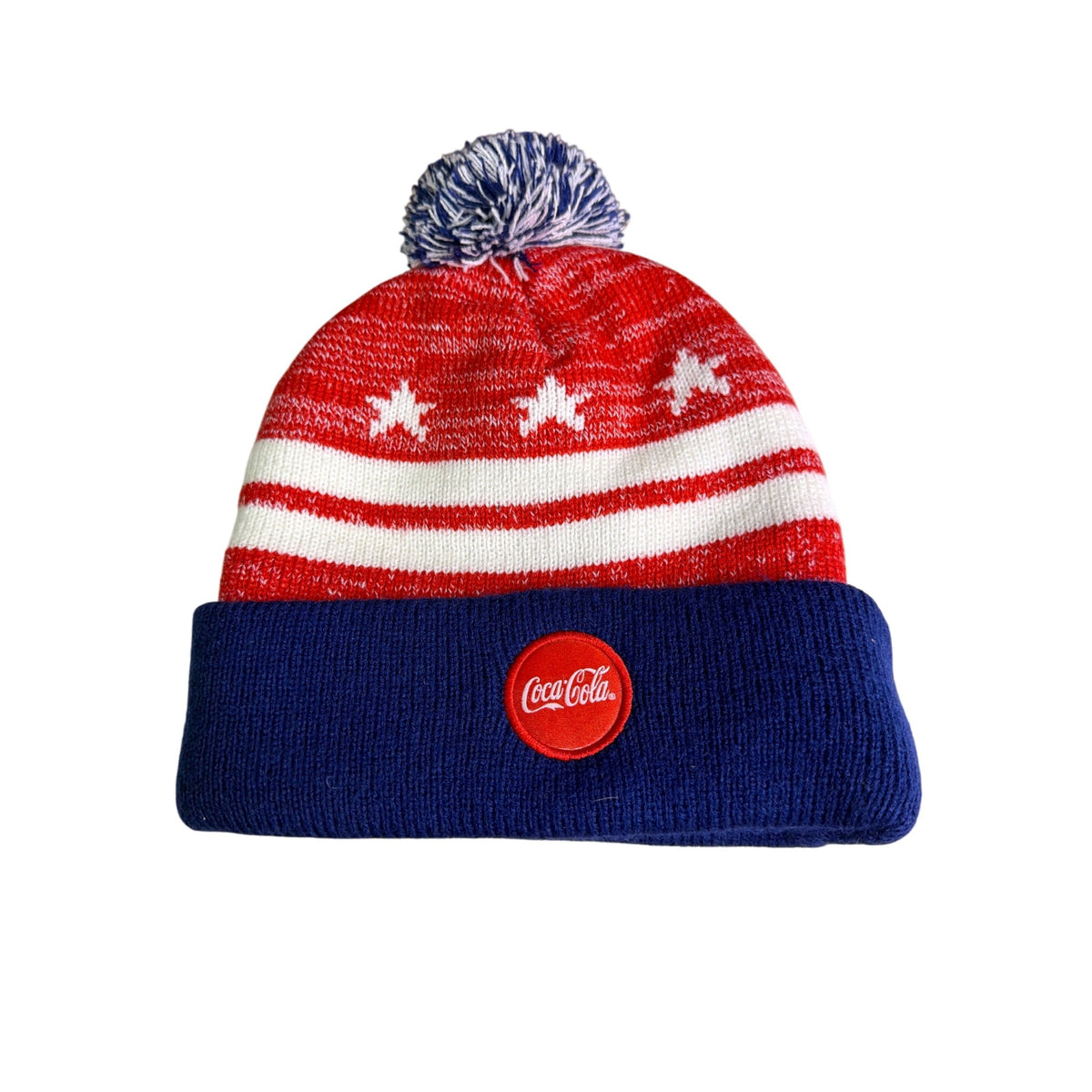 Coca-Cola Unisex Red White & Navy 100% Acrylic Knit Beanie With Pom Winter Hat OS