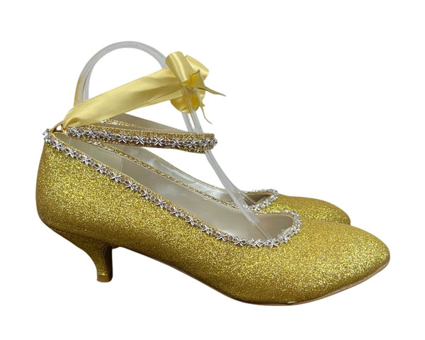 Gold Glitter Ankle Strap Yellow Lace With Rhinestone Trim Kitten Heels Sz 9.5 / 42