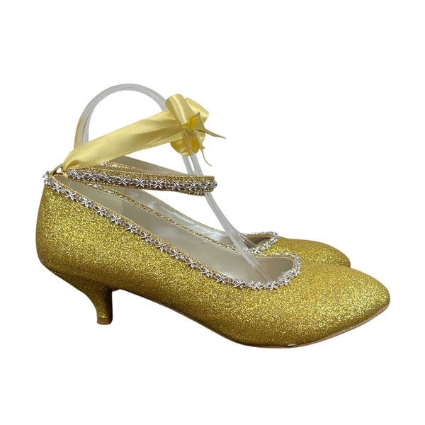 Gold Glitter Ankle Strap Yellow Lace With Rhinestone Trim Kitten Heels Sz 9.5 / 42