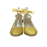 Gold Glitter Ankle Strap Yellow Lace With Rhinestone Trim Kitten Heels Sz 9.5 / 42