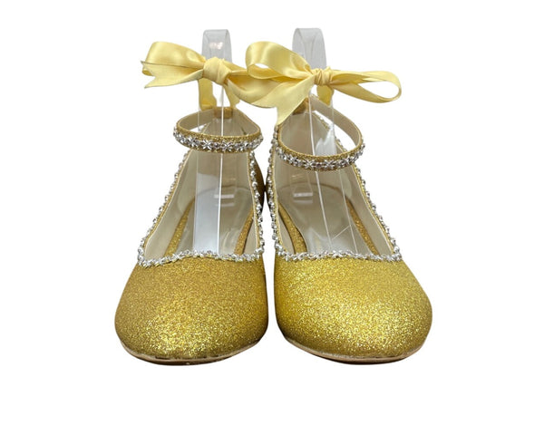 Gold Glitter Ankle Strap Yellow Lace With Rhinestone Trim Kitten Heels Sz 9.5 / 42