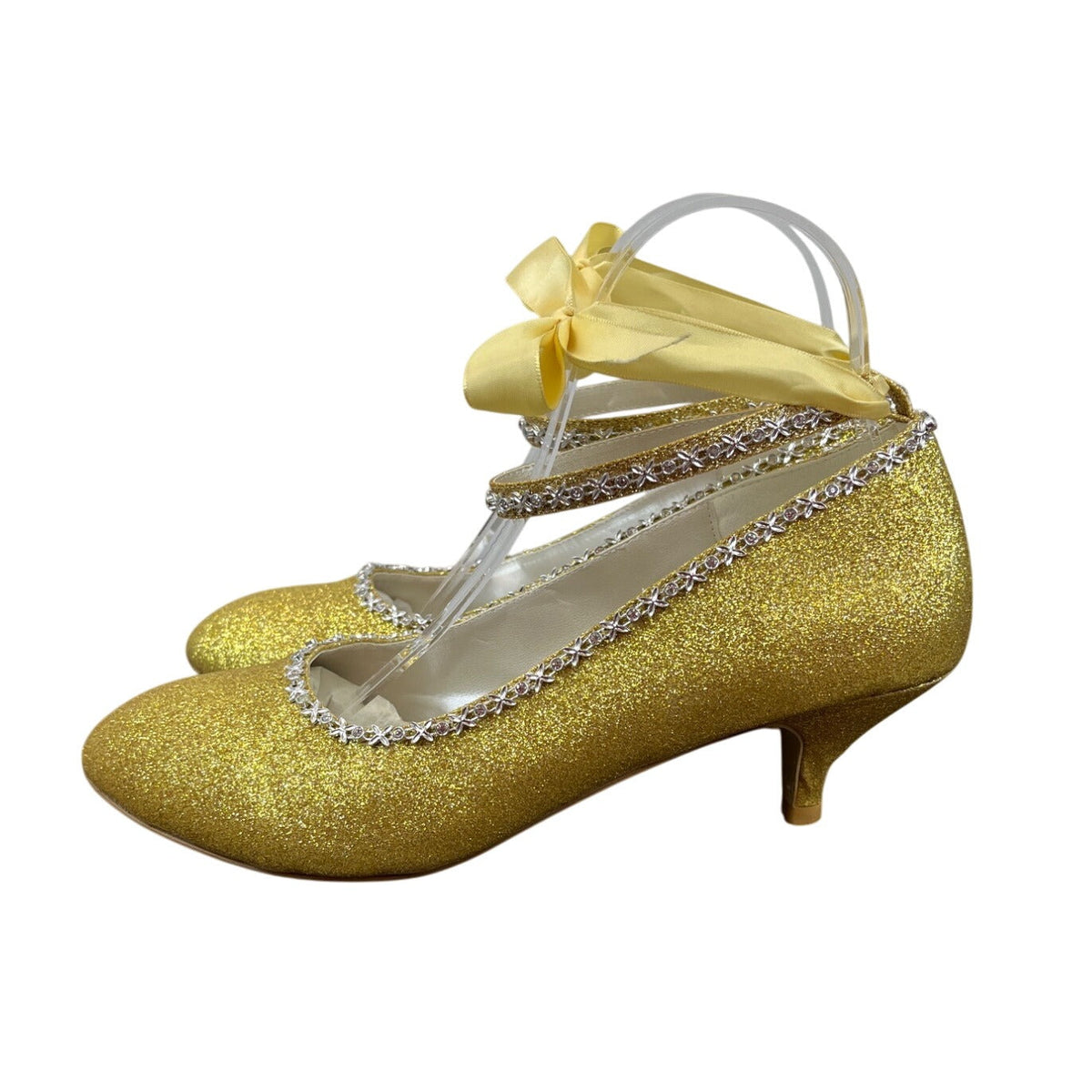 Gold Glitter Ankle Strap Yellow Lace With Rhinestone Trim Kitten Heels Sz 9.5 / 42